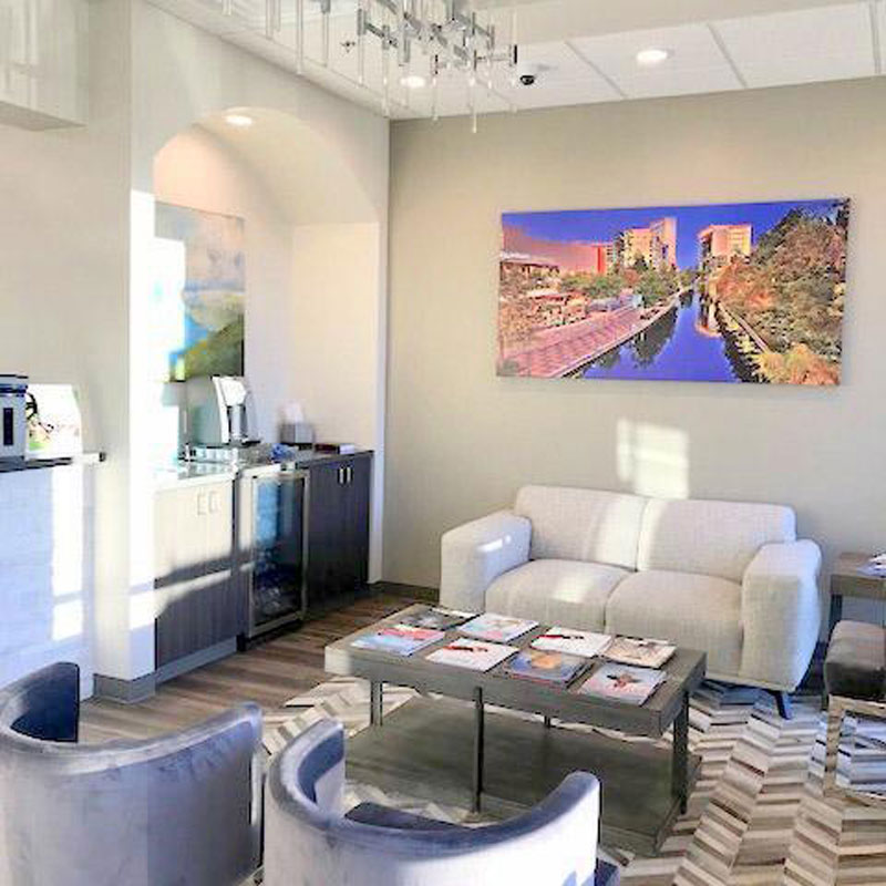 front desk and waiting room of dental office